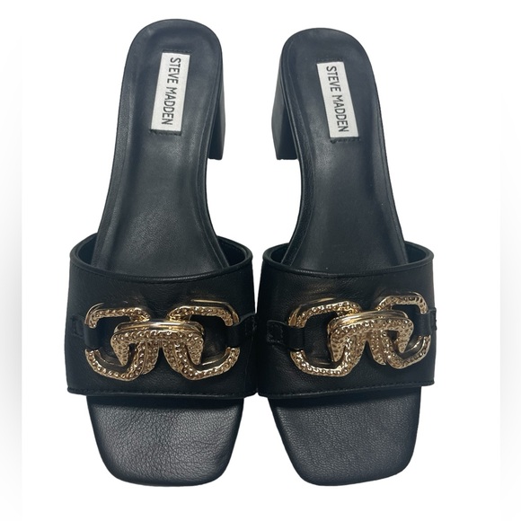 Santana Black Leather Block Heels Steve Madden Size 9 - Picture 2 of 6